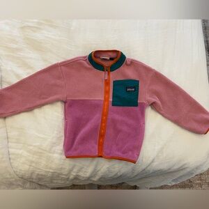 Patagonia Pink Fleece Jacket with Teal Pocket and Orange Trim